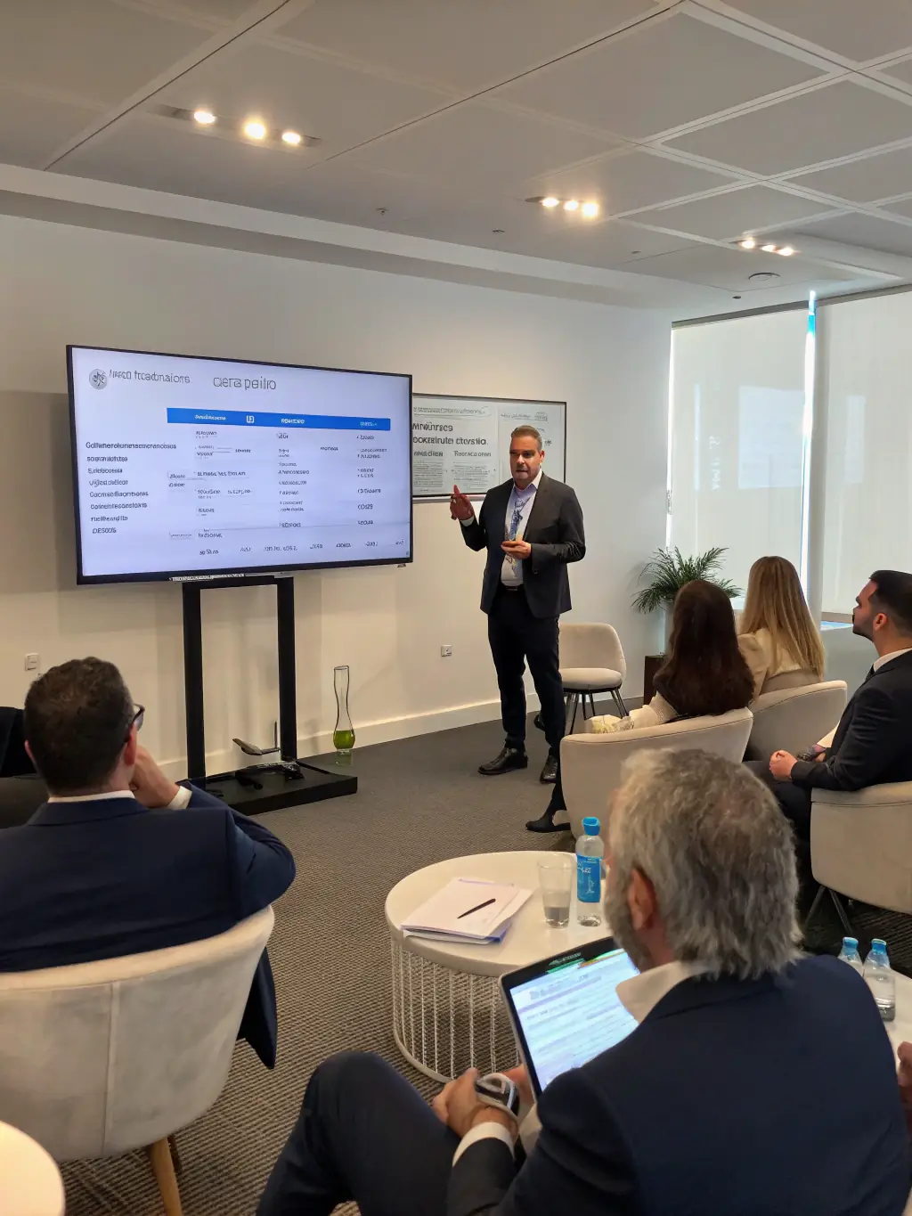 A professional presenting a successful project management case study at a forum, highlighting financial returns.